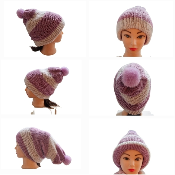 Hand Crafted 2pc Set Scaf & pom pom beanie purple crochet slauchy white striped - Picture 11 of 17